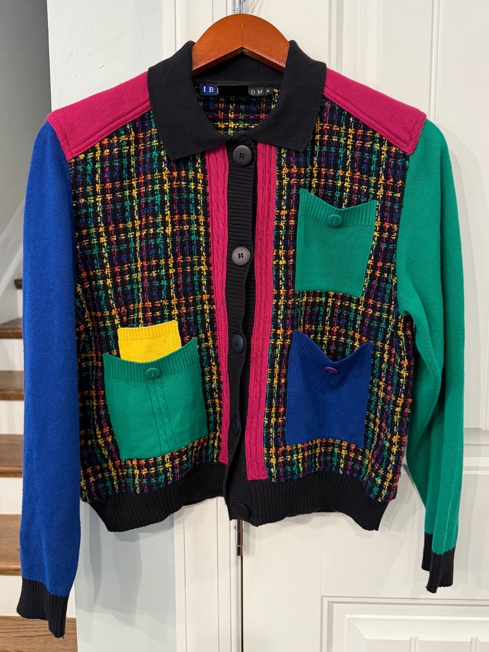 Vintage I.B. Diffusion Cardigan Sweater Small Colorblock Rainbow Knit 80s 90s